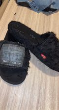 Branded Distressed Denim Slides